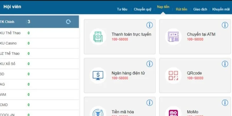 hạn mức nạp rút kubet